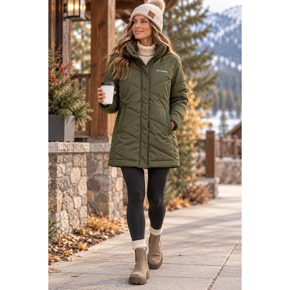 Columbia Olive Green Quilted Puffer Parka Jacket Gorpcore Winter Warm Luxe Sz M